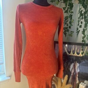 Orange Long Sleeve Ribbed Dress